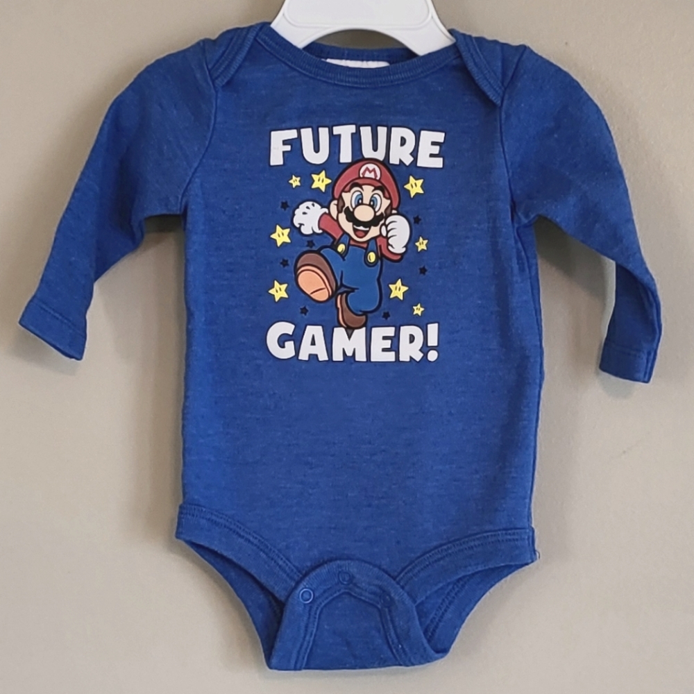 Super Mario "Future Gamer" blue long sleeve onesie/bodysuit